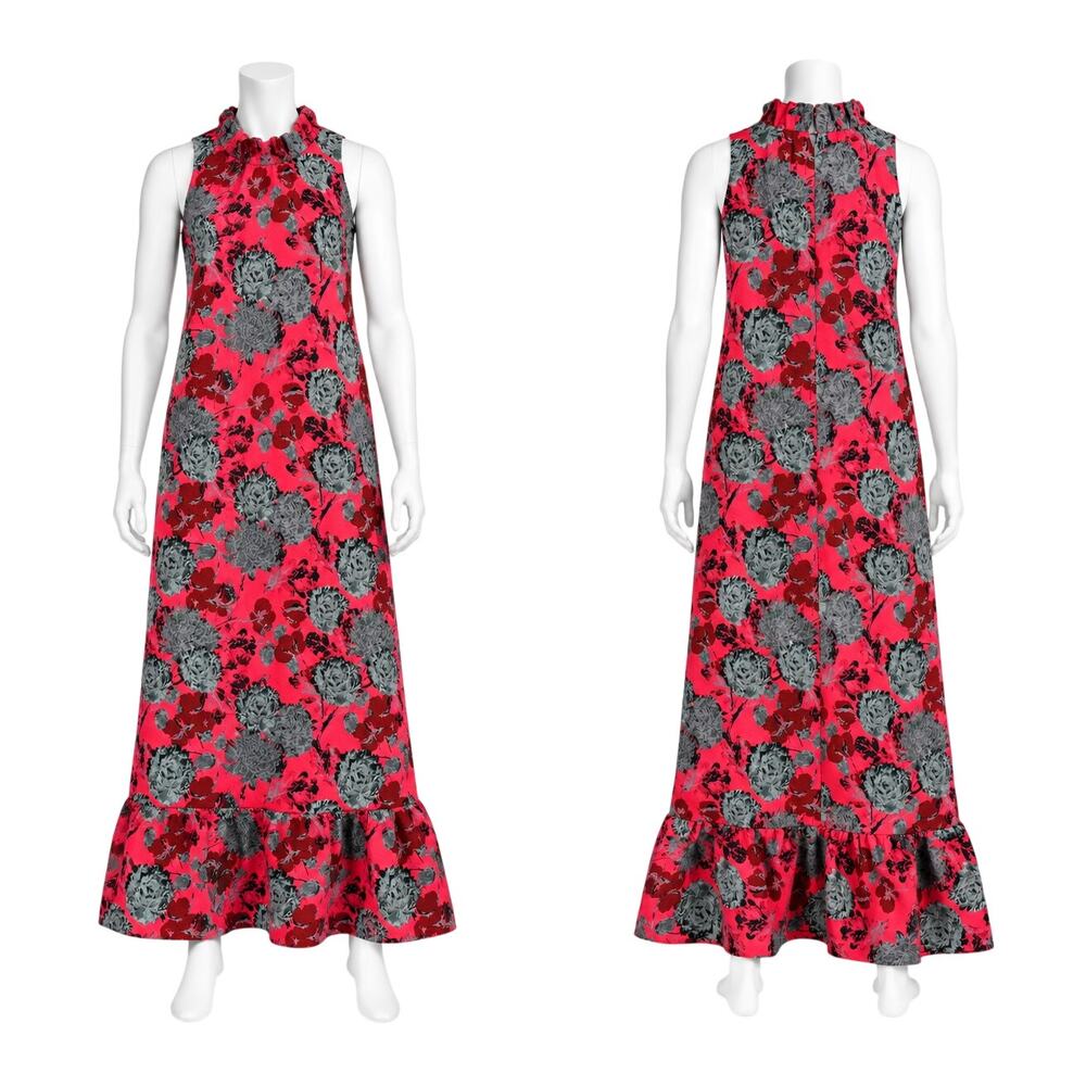 Abbey Glass Camille Gown Sz M Maxi Dress Hot Pink Vintage Dahlia Floral Jacquard